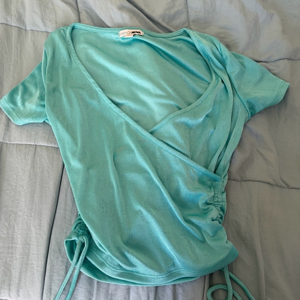 Fashion Nova Turquoise Wrap Short-Sleeve Crop Top
